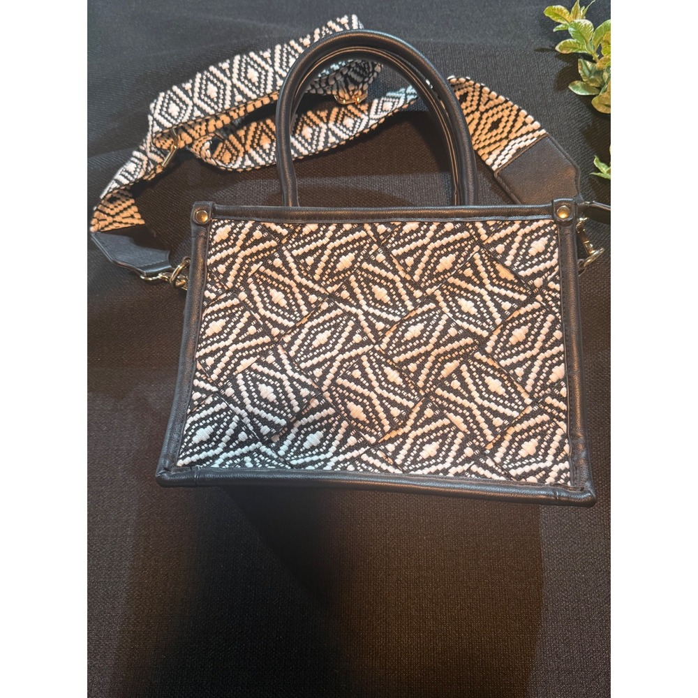 Every Hour Black White Geometric Woven Crossbody Tote Bag with Guitar Strap